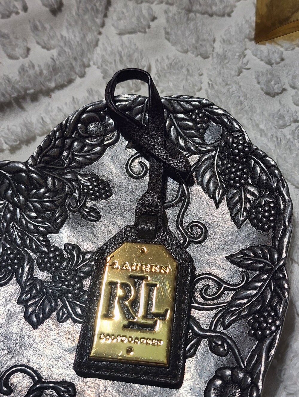 RALPH LAURENBLACK LEATHERGOLD BRASS METALKEY FOB BAG CHARM KEYCHAIN HANG - Picture 7 of 13